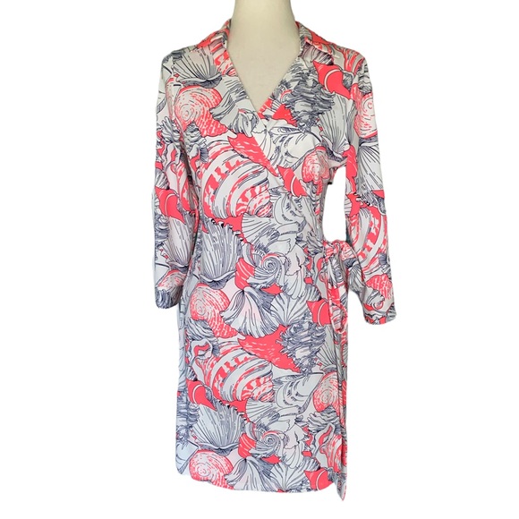 Julie Brown NYC Milo Wrap Shirt Dress in Neon Coral Pink Shell Print - L - Picture 2 of 13